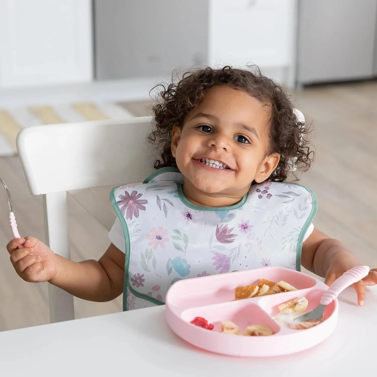 Bumkins Bibs for Girl or Boy, SuperBib Baby and Toddler for 6-24 Months, Essential Must Have for Eating, Feeding, Baby Led Weaning Supplies, Mess Saving Catch Food, Fabric 3-pk Floral and Lace