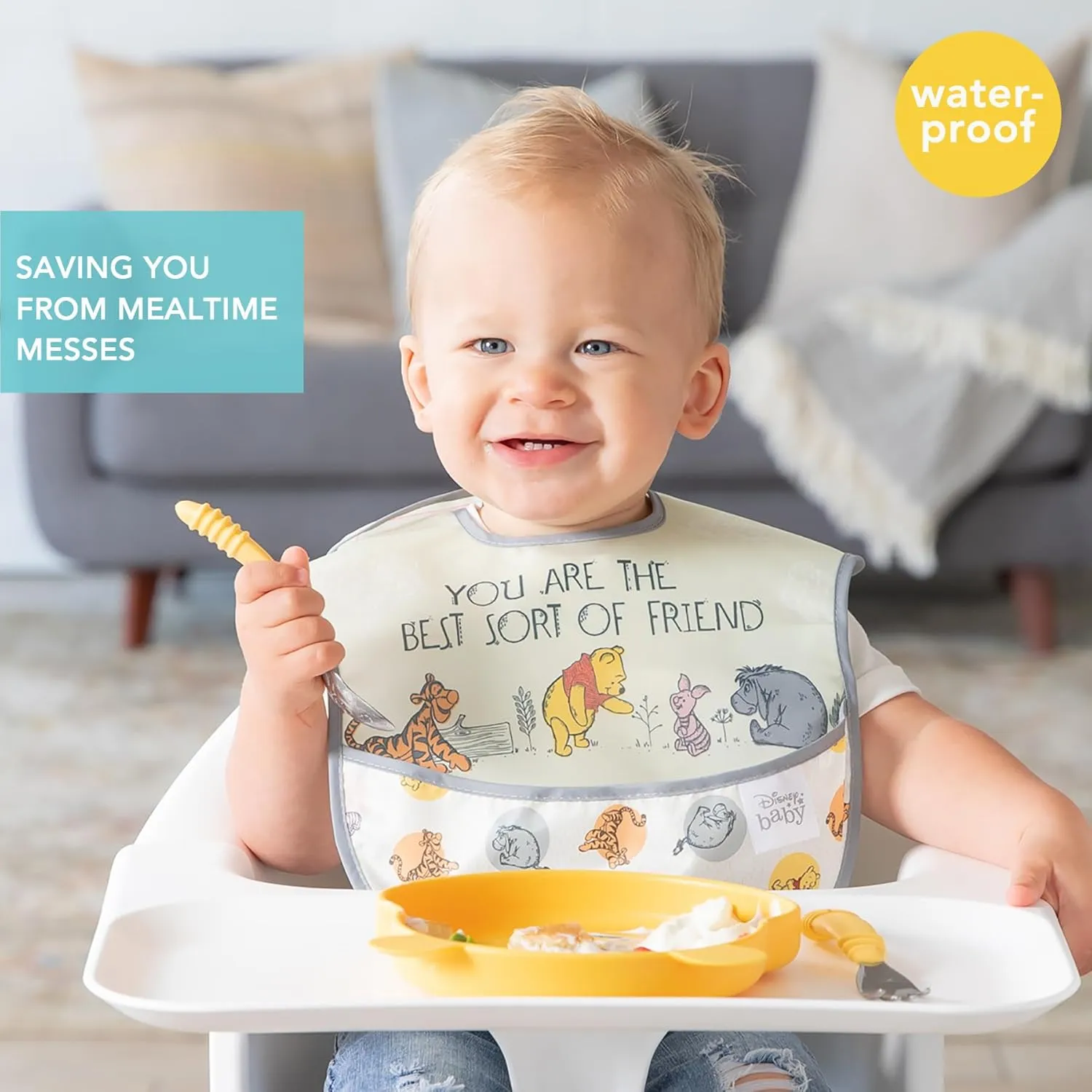 Bumkins Disney Bibs for Girl or Boy, SuperBib Baby and Toddler 6-24 Months, Essential Must Have for Eating, Feeding, Baby Led Weaning, Mess Saving Waterproof Soft Fabric, 3-pk Pooh Bear and Friends