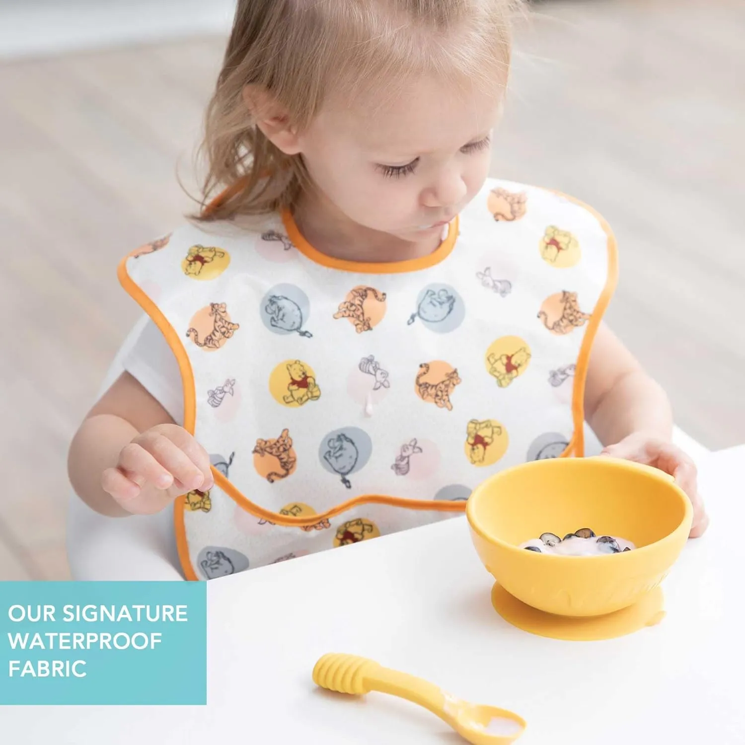 Bumkins Disney Bibs for Girl or Boy, SuperBib Baby and Toddler 6-24 Months, Essential Must Have for Eating, Feeding, Baby Led Weaning, Mess Saving Waterproof Soft Fabric, 3-pk Pooh Bear and Friends