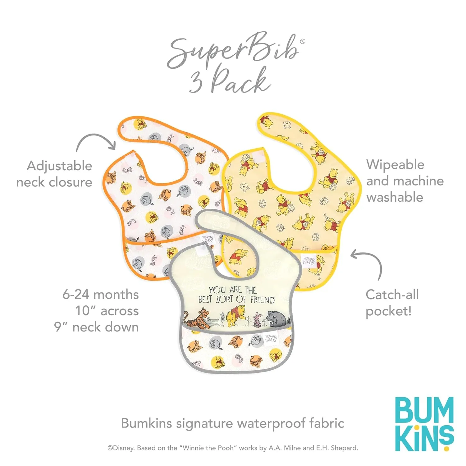 Bumkins Disney Bibs for Girl or Boy, SuperBib Baby and Toddler 6-24 Months, Essential Must Have for Eating, Feeding, Baby Led Weaning, Mess Saving Waterproof Soft Fabric, 3-pk Pooh Bear and Friends