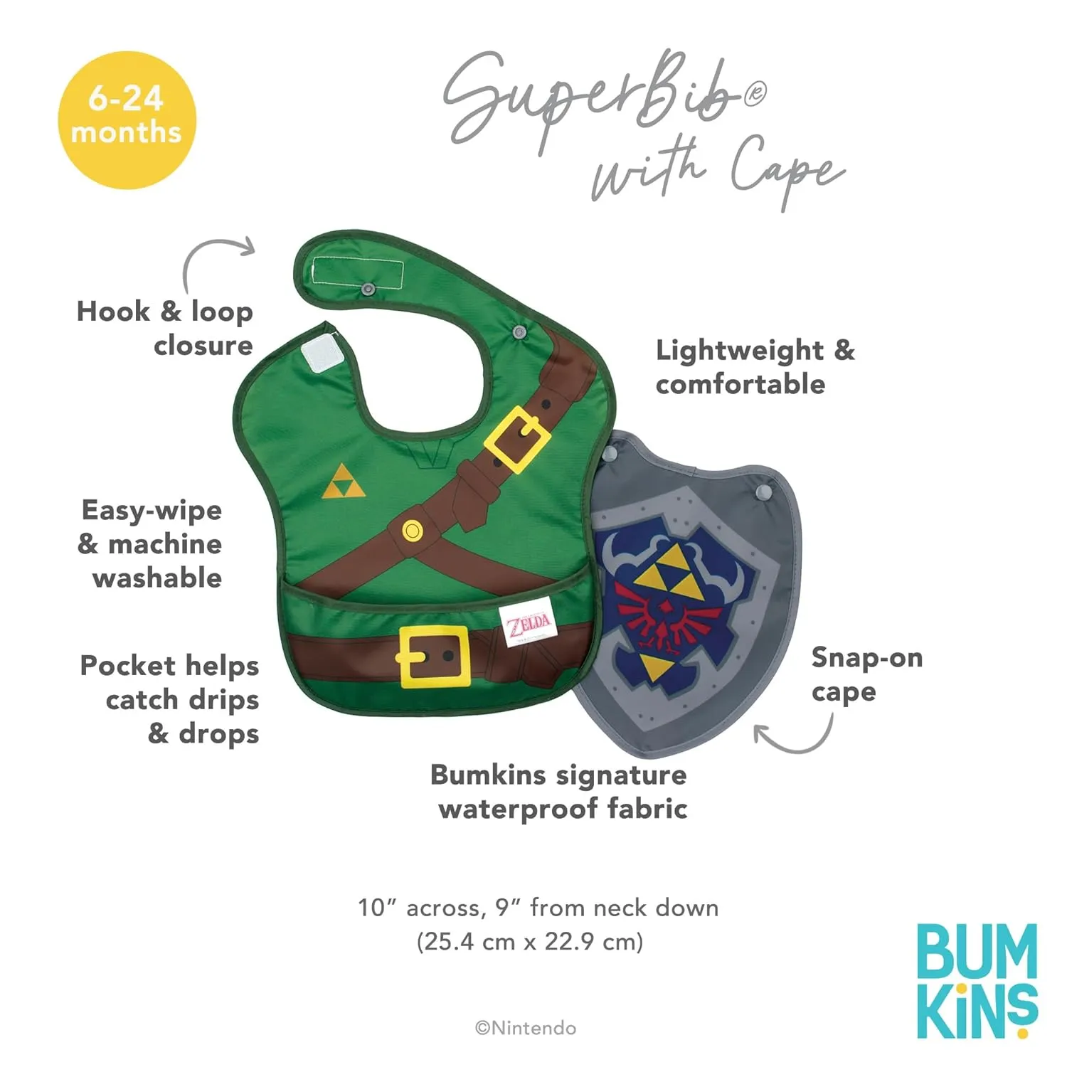 Bumkins Nintendo Bibs for Girl or Boy, SuperBib with Cape for Baby and Toddler 6-24 Months, Essential Must Have for Eating, Feeding, Baby Led Weaning Supplies, Mess Saving Catch Food, Legend of Zelda