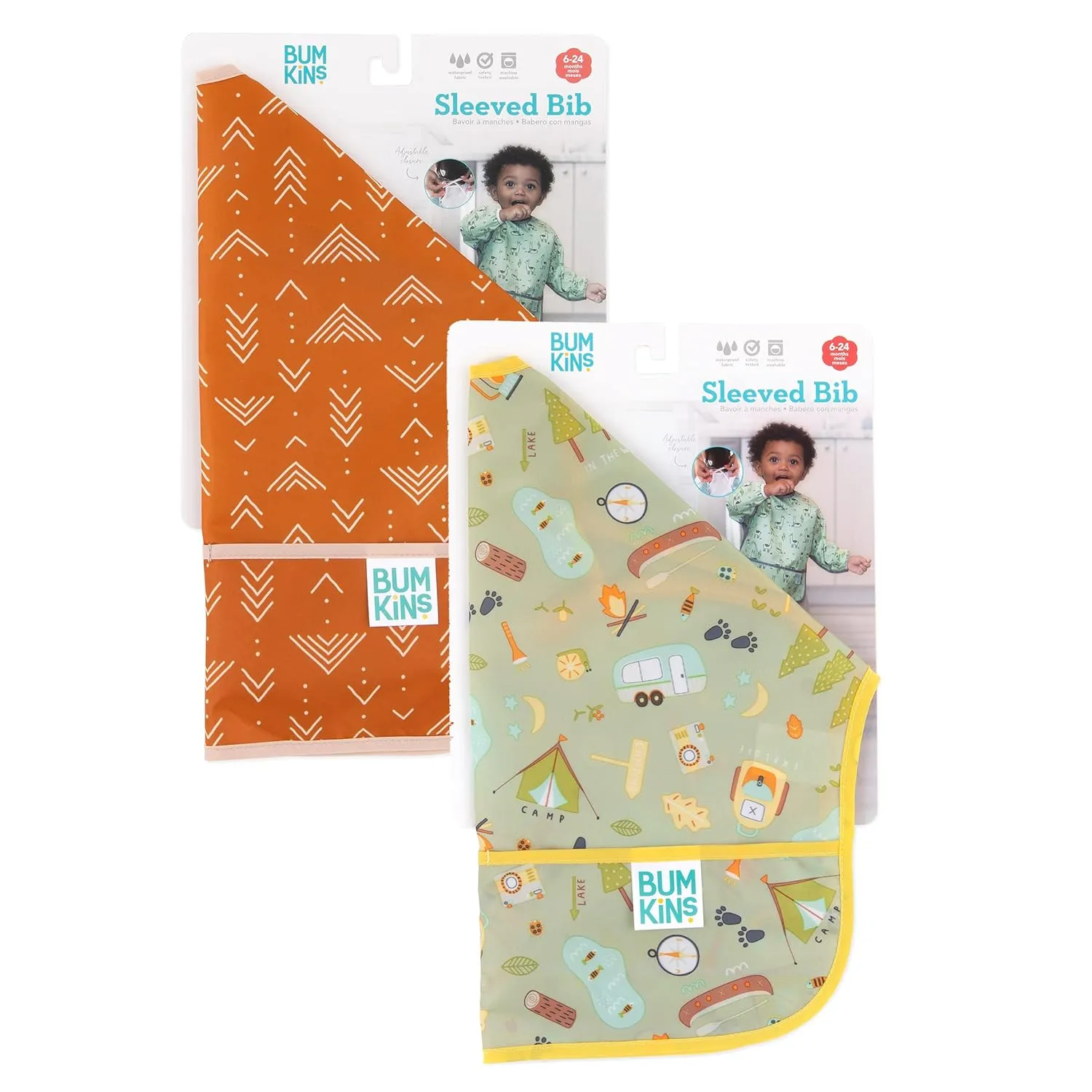 Bumkins Sleeved Bib for Girl or Boy, Baby and Toddler for 6-24 Mos, Essential Must Have for Eating, Feeding, Baby Led Weaning Supplies, Long Sleeve Mess Saving Food Catcher, 2-pk Camp and Grounded