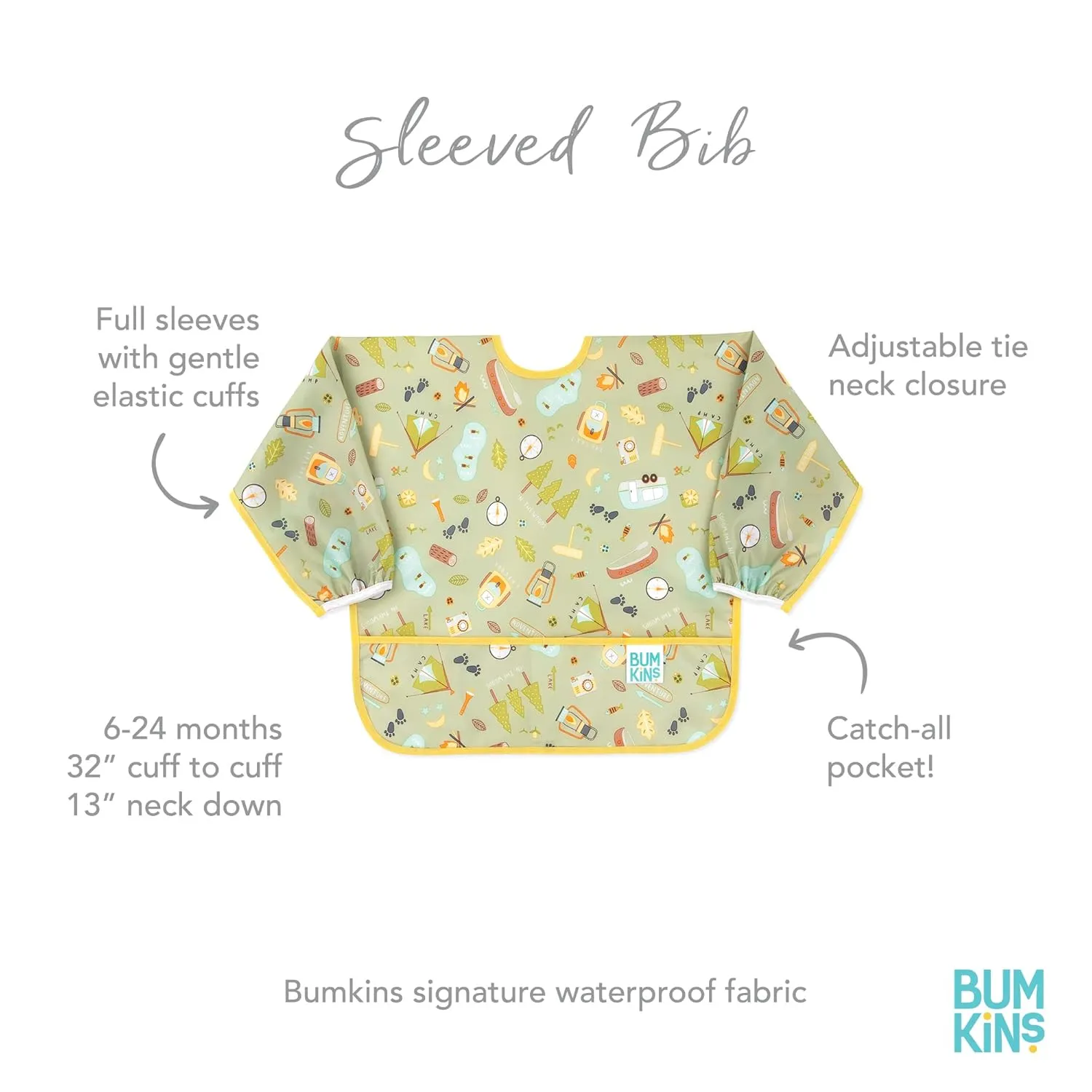 Bumkins Sleeved Bib for Girl or Boy, Baby and Toddler for 6-24 Mos, Essential Must Have for Eating, Feeding, Baby Led Weaning Supplies, Long Sleeve Mess Saving Food Catcher, 2-pk Camp and Grounded