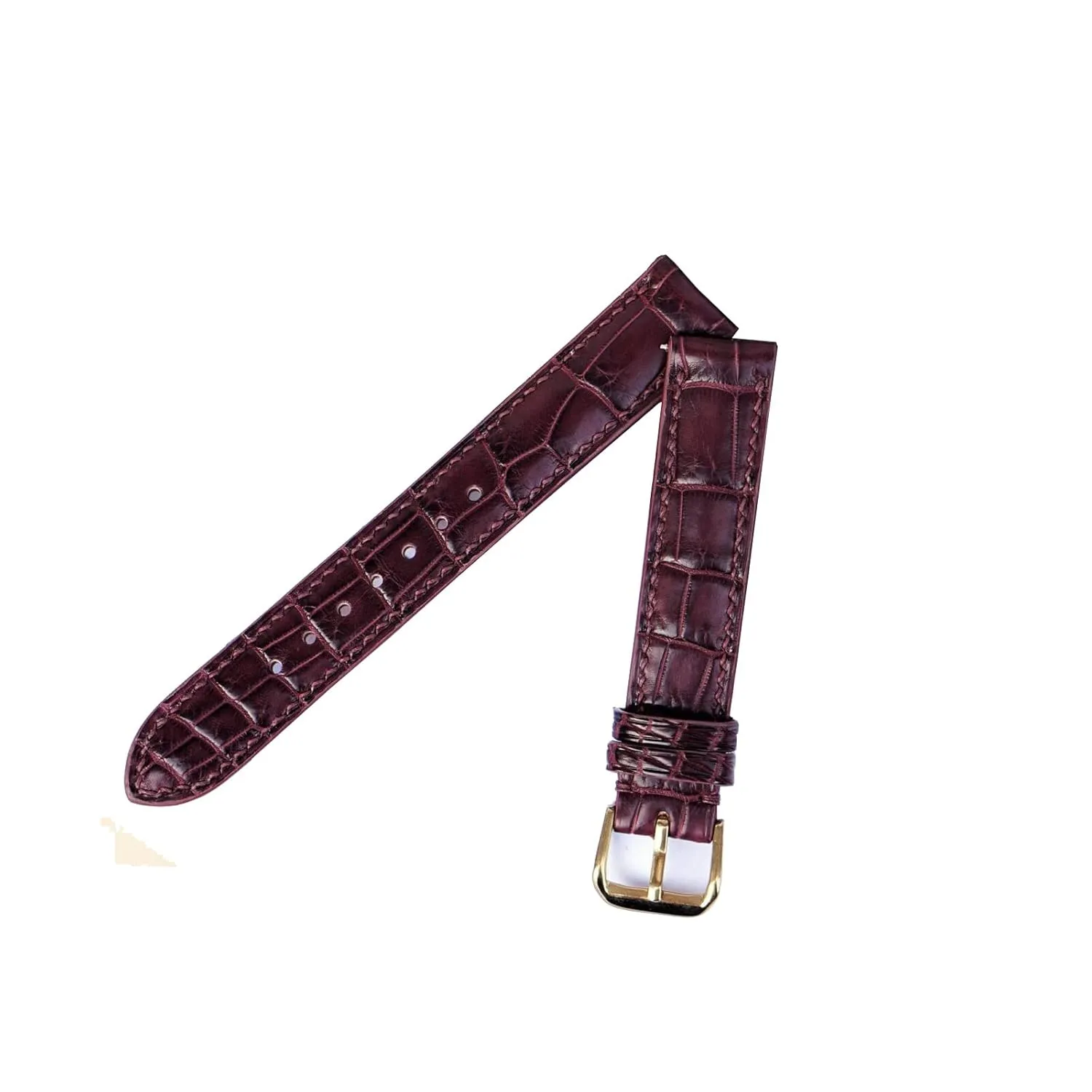 Burgundy Alligator watch strap, Premium Quality Alligator leather watch band (14mm, Yellow Gold Folding Clasp)