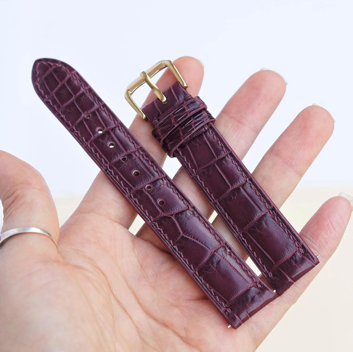 Burgundy Alligator watch strap, Premium Quality Alligator leather watch band (14mm, Yellow Gold Folding Clasp)