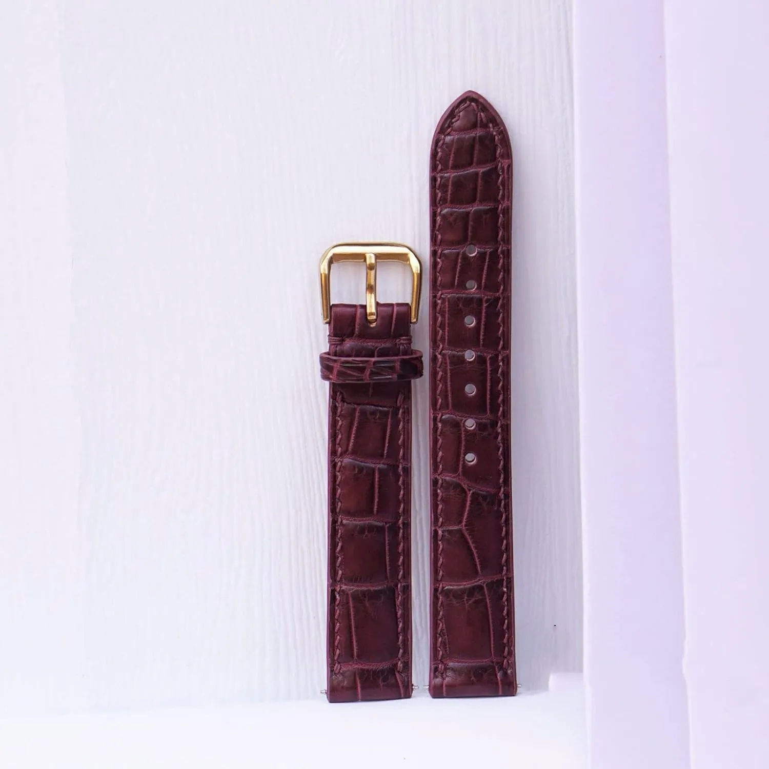 Burgundy Alligator watch strap, Premium Quality Alligator leather watch band (14mm, Yellow Gold Folding Clasp)