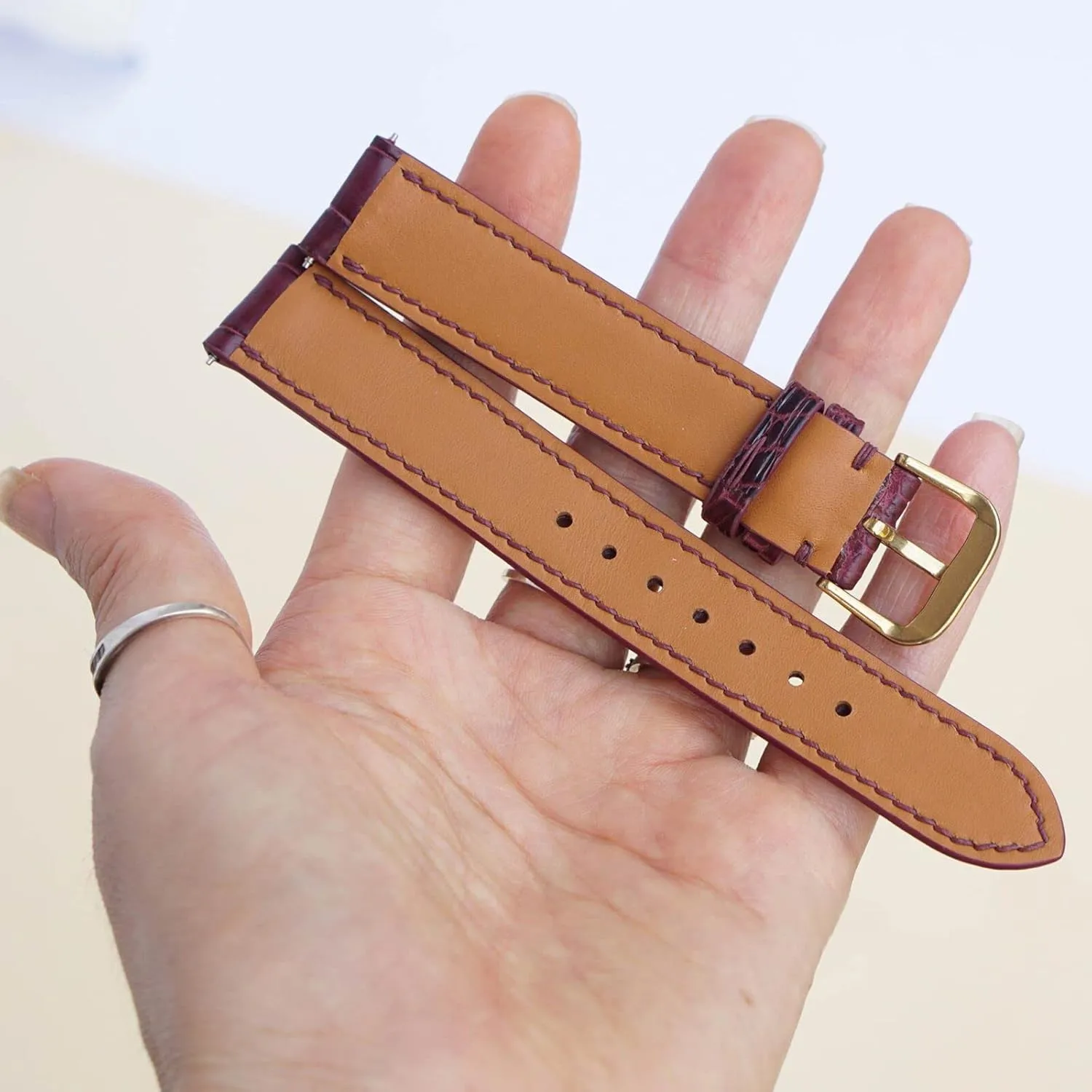 Burgundy Alligator watch strap, Premium Quality Alligator leather watch band (14mm, Yellow Gold Folding Clasp)