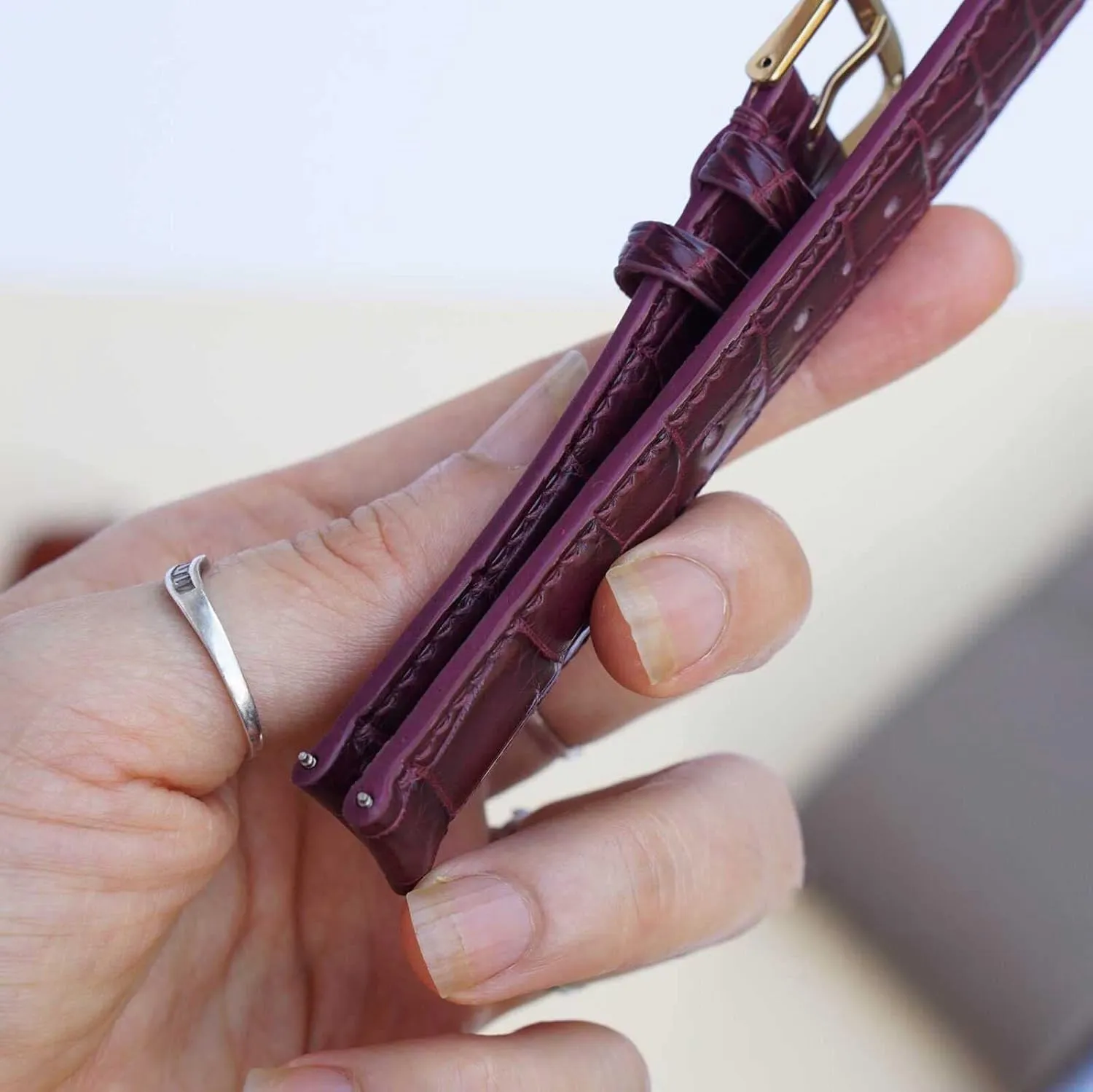 Burgundy Alligator watch strap, Premium Quality Alligator leather watch band (14mm, Yellow Gold Folding Clasp)