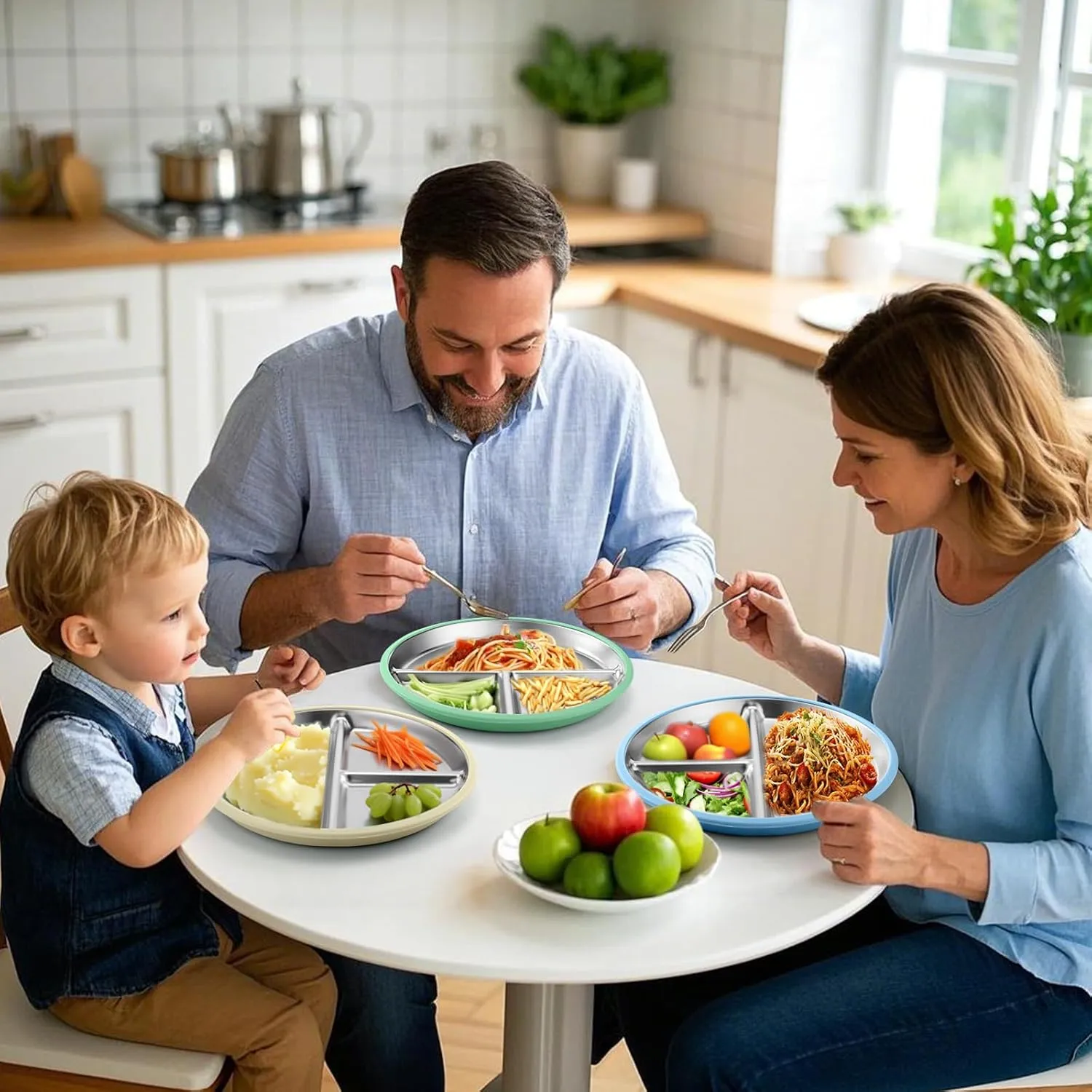 BUSOHA 3 Pack Stainless Steel Kids Plate with Suction - 9” Divided Toddler Baby Plates with Silicone Sleeves Non-Slip 2-in-1 Anti Breakage Metal Toddler Bowls Microwave Dishwasher Safe