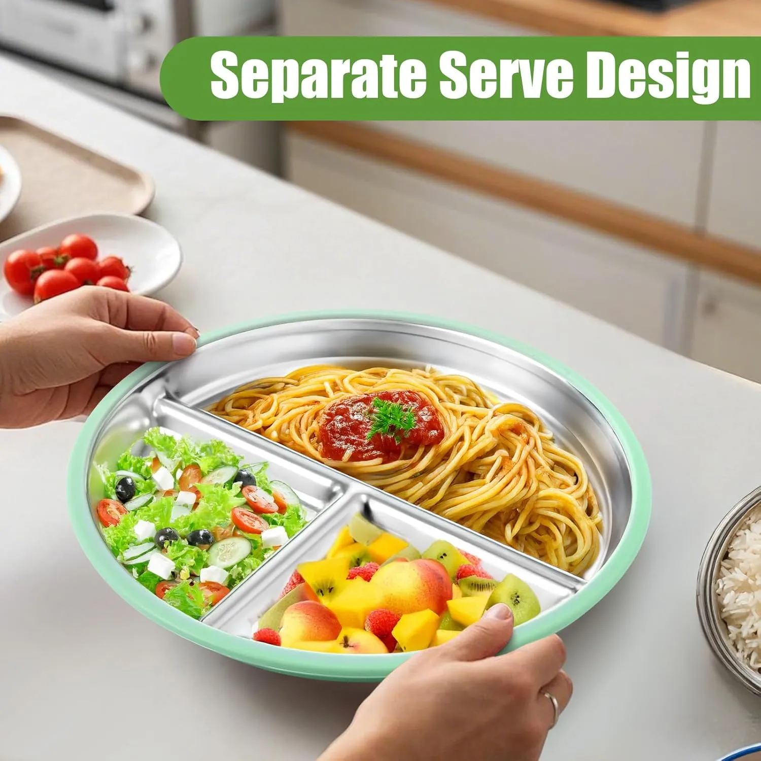BUSOHA 3 Pack Stainless Steel Kids Plate with Suction - 9” Divided Toddler Baby Plates with Silicone Sleeves Non-Slip 2-in-1 Anti Breakage Metal Toddler Bowls Microwave Dishwasher Safe