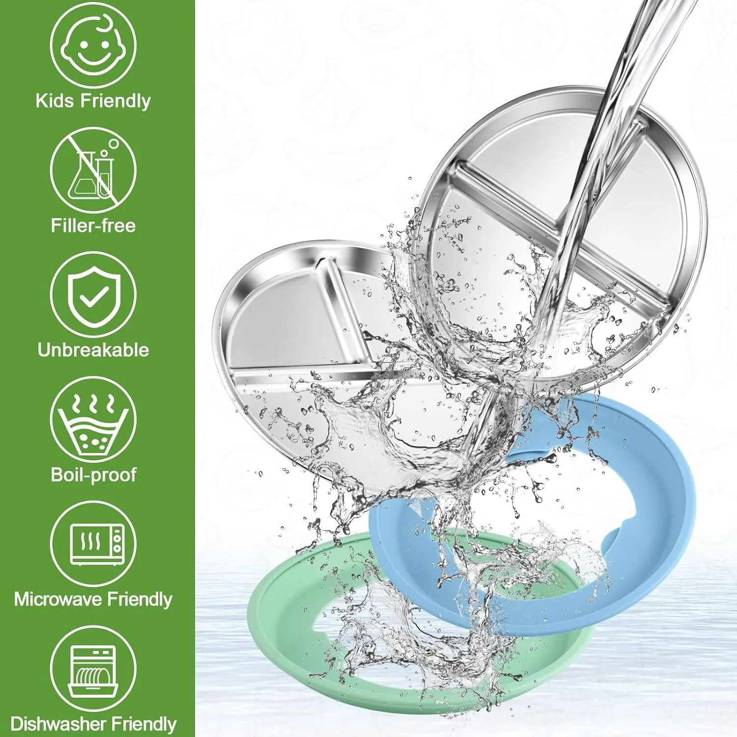 BUSOHA 3 Pack Stainless Steel Kids Plate with Suction - 9” Divided Toddler Baby Plates with Silicone Sleeves Non-Slip 2-in-1 Anti Breakage Metal Toddler Bowls Microwave Dishwasher Safe