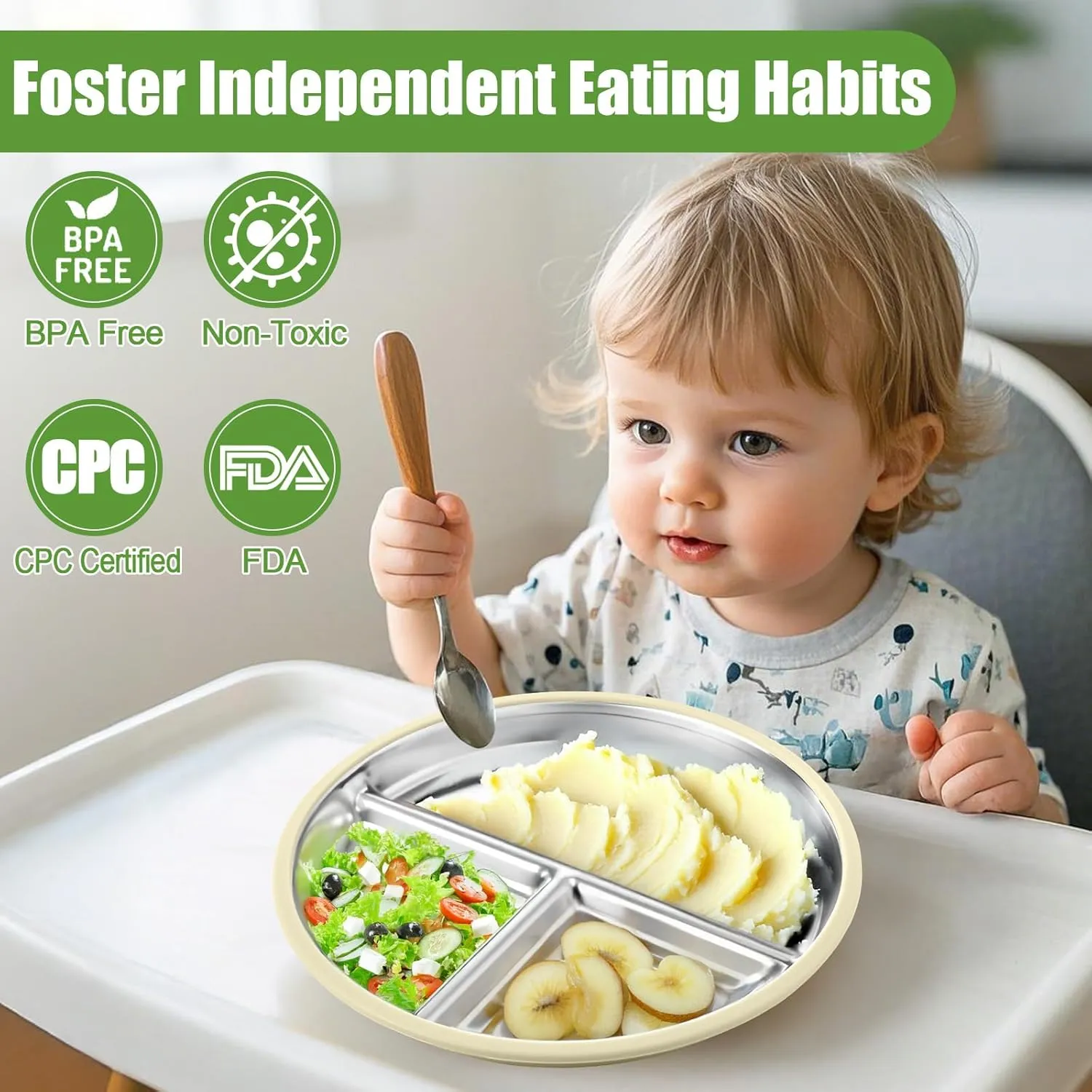 BUSOHA 3 Pack Stainless Steel Kids Plate with Suction - 9” Divided Toddler Baby Plates with Silicone Sleeves Non-Slip 2-in-1 Anti Breakage Metal Toddler Bowls Microwave Dishwasher Safe