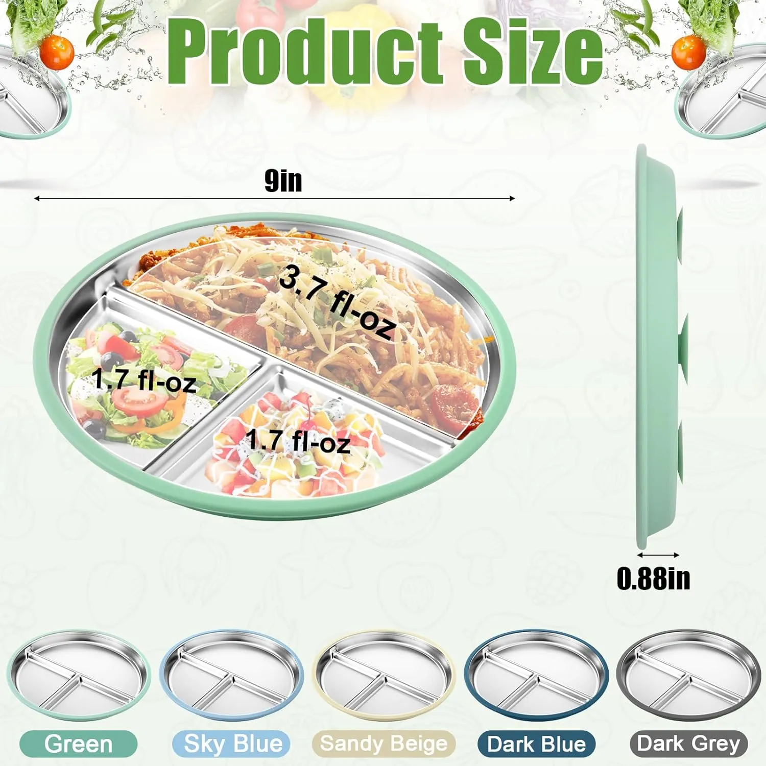 BUSOHA 3 Pack Stainless Steel Kids Plate with Suction - 9” Divided Toddler Baby Plates with Silicone Sleeves Non-Slip 2-in-1 Anti Breakage Metal Toddler Bowls Microwave Dishwasher Safe