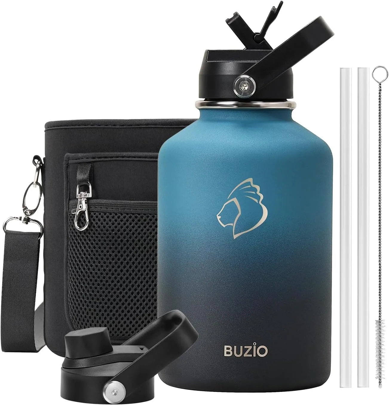 BUZIO 64 oz Insulated Water Bottle, Half Gallon Stainless Steel Water Jug with Straw Lid & Carrying Case, Keep Cold 48h Large Lead-Free Vacuum Metal Thermo Water Flask for sports Camp, Indigo Crush