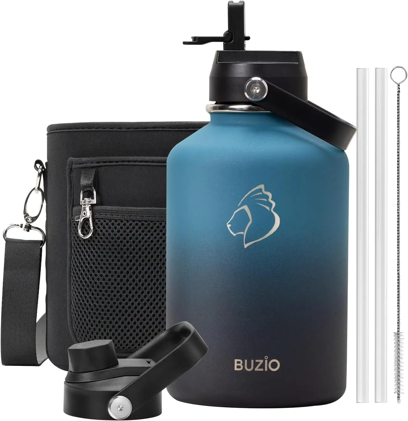 BUZIO 64 oz Insulated Water Bottle, Half Gallon Stainless Steel Water Jug with Straw Lid & Carrying Case, Keep Cold 48h Large Lead-Free Vacuum Metal Thermo Water Flask for sports Camp, Indigo Crush