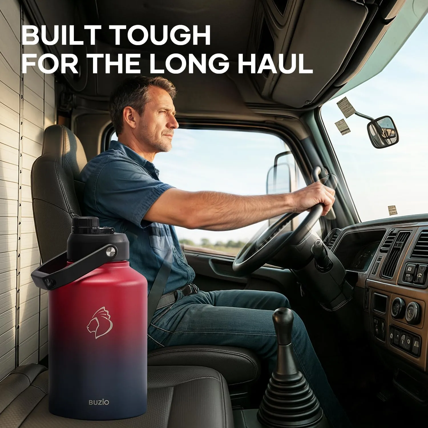 BUZIO One Gallon Water Bottle Insulated, (Cold for 48 Hrs) 128oz Water Jug Large Stainless Steel, 3.58in Big Wide Mouth Leak Proof Metal Flask with Carrying Sleeve for Camping,Gym,Travel, Black Red