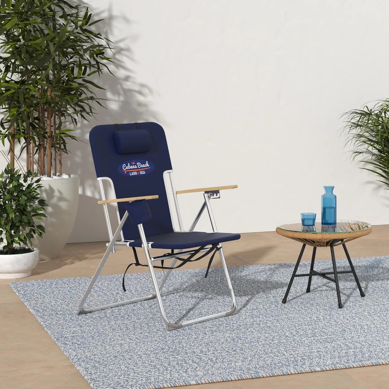 Cabana Beach Folding Beach Chair, 4 Position Portable Backpack Foldable Camping Accessories with Headrest, Cup Holder, and Wooden Armrests, Estate Navy Blue