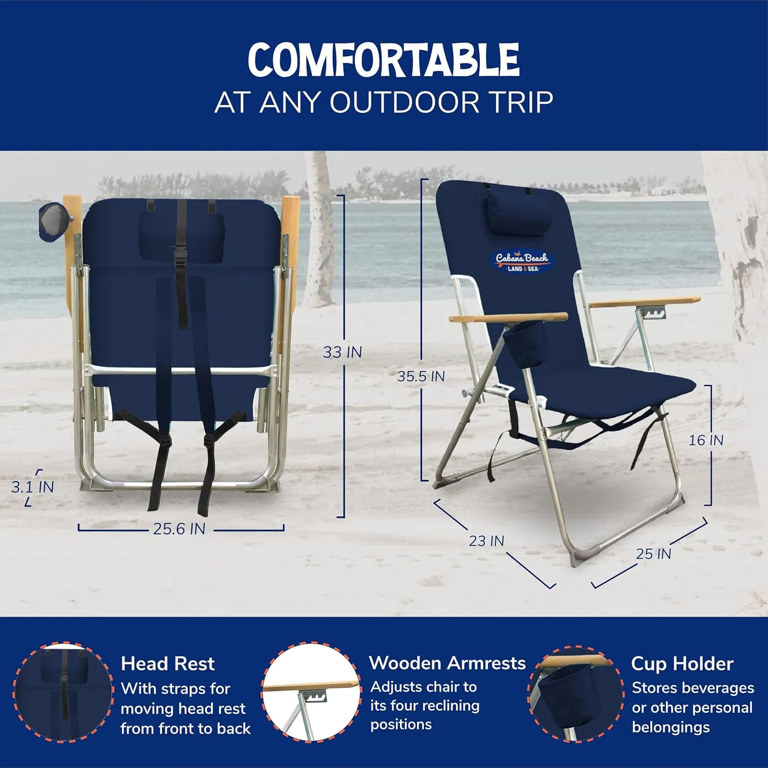 Cabana Beach Folding Beach Chair, 4 Position Portable Backpack Foldable Camping Accessories with Headrest, Cup Holder, and Wooden Armrests, Estate Navy Blue