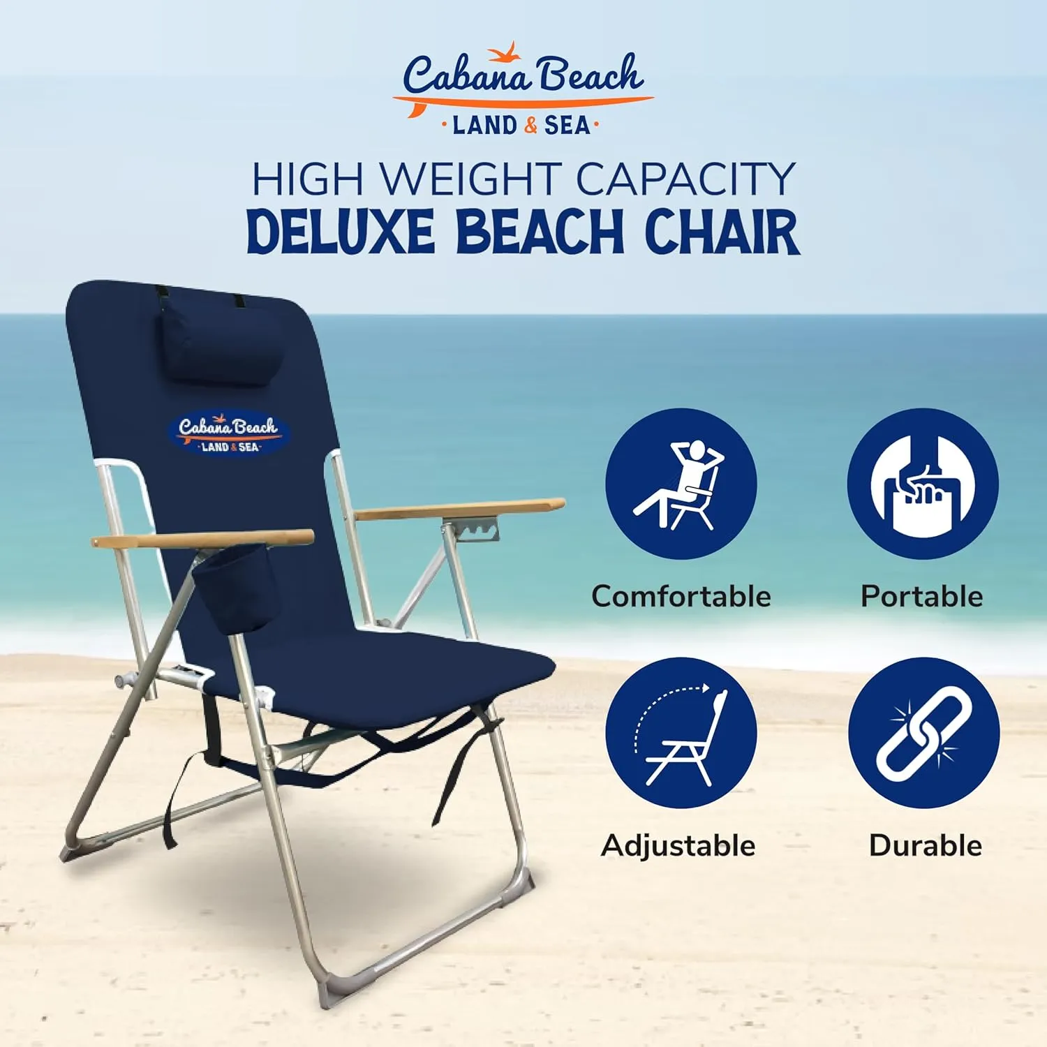 Cabana Beach Folding Beach Chair, 4 Position Portable Backpack Foldable Camping Accessories with Headrest, Cup Holder, and Wooden Armrests, Estate Navy Blue
