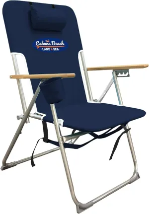 Cabana Beach Folding Beach Chair, 4 Position Portable Backpack Foldable Camping Accessories with Headrest, Cup Holder, and Wooden Armrests, Estate Navy Blue