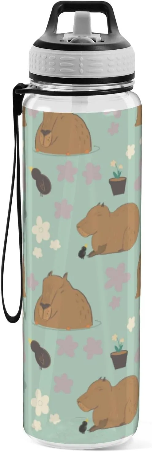 Caikeny Capybara Kawaii Water Bottle with Straw Flowers Sports Bottles BPA-Free Tritan Water Jug with Carrying Strap for Gym Office Outdoor Sports