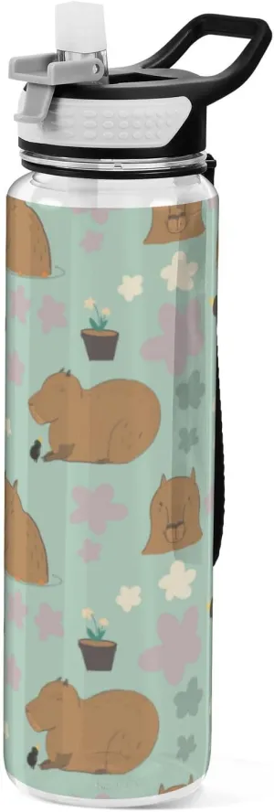 Caikeny Capybara Kawaii Water Bottle with Straw Flowers Sports Bottles BPA-Free Tritan Water Jug with Carrying Strap for Gym Office Outdoor Sports