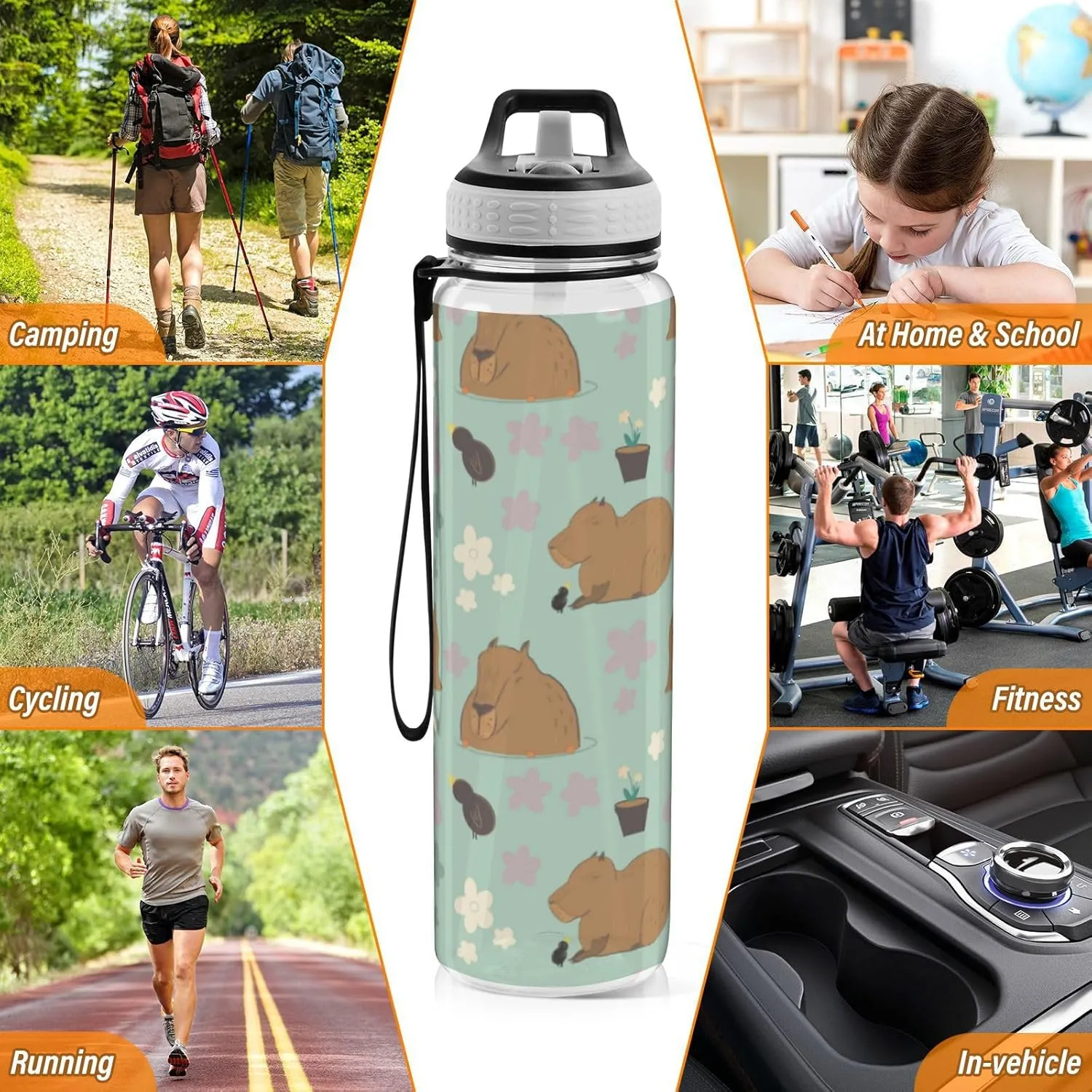 Caikeny Capybara Kawaii Water Bottle with Straw Flowers Sports Bottles BPA-Free Tritan Water Jug with Carrying Strap for Gym Office Outdoor Sports