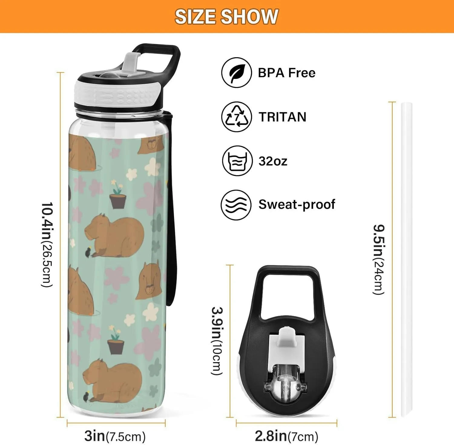 Caikeny Capybara Kawaii Water Bottle with Straw Flowers Sports Bottles BPA-Free Tritan Water Jug with Carrying Strap for Gym Office Outdoor Sports