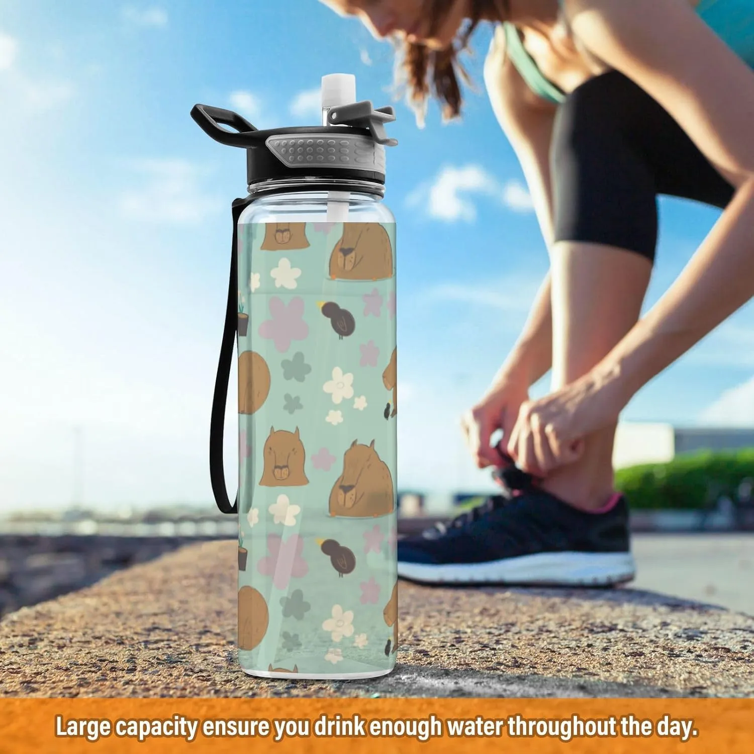 Caikeny Capybara Kawaii Water Bottle with Straw Flowers Sports Bottles BPA-Free Tritan Water Jug with Carrying Strap for Gym Office Outdoor Sports
