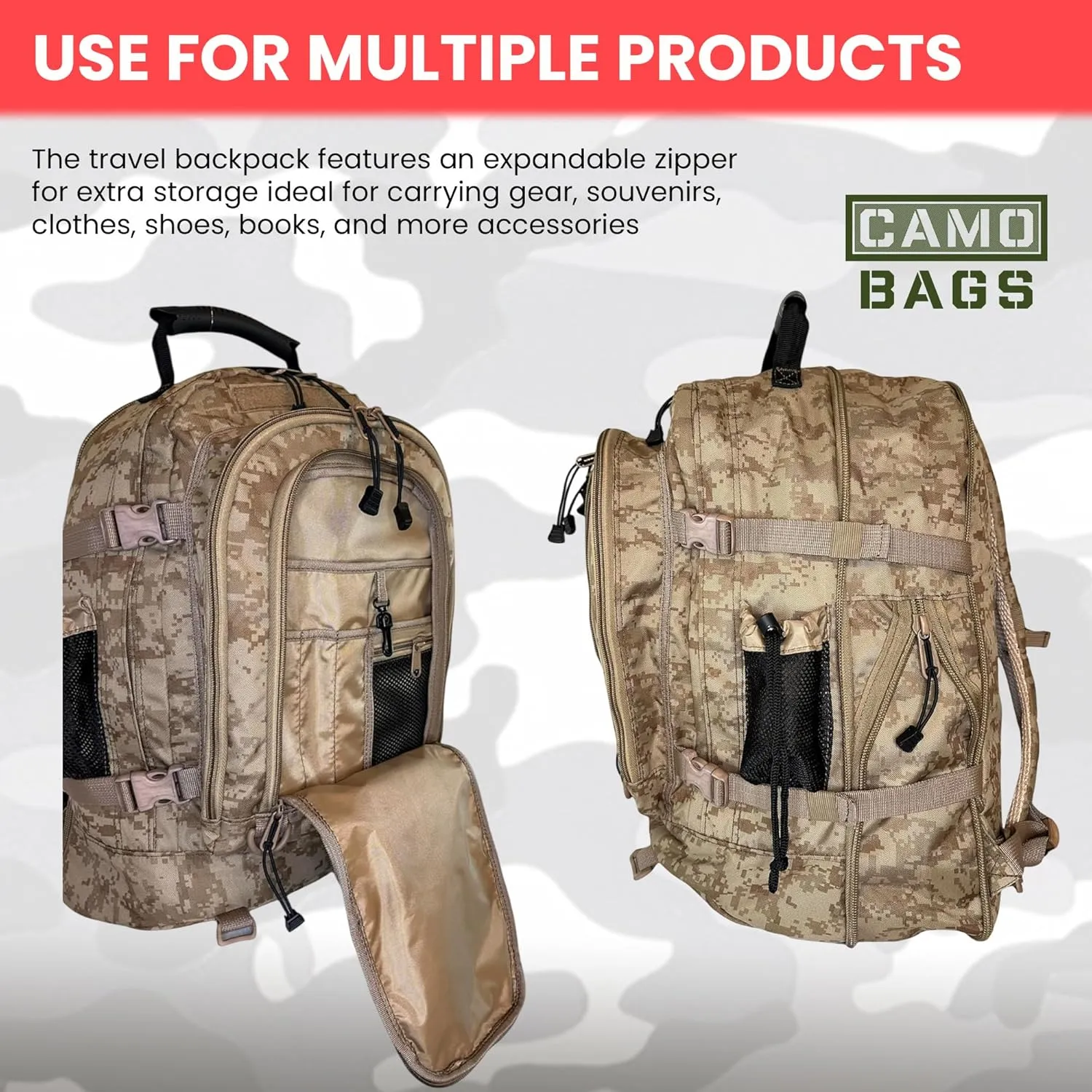 Camo Expandable Travel Backpack - 1000 Denier Cordura Polyester, Large Capacity Zipper Backpack with Multi Compartments - Lightweight & Comfortable Padded Straps - Ideal for Hiking, Camping & Outdoor