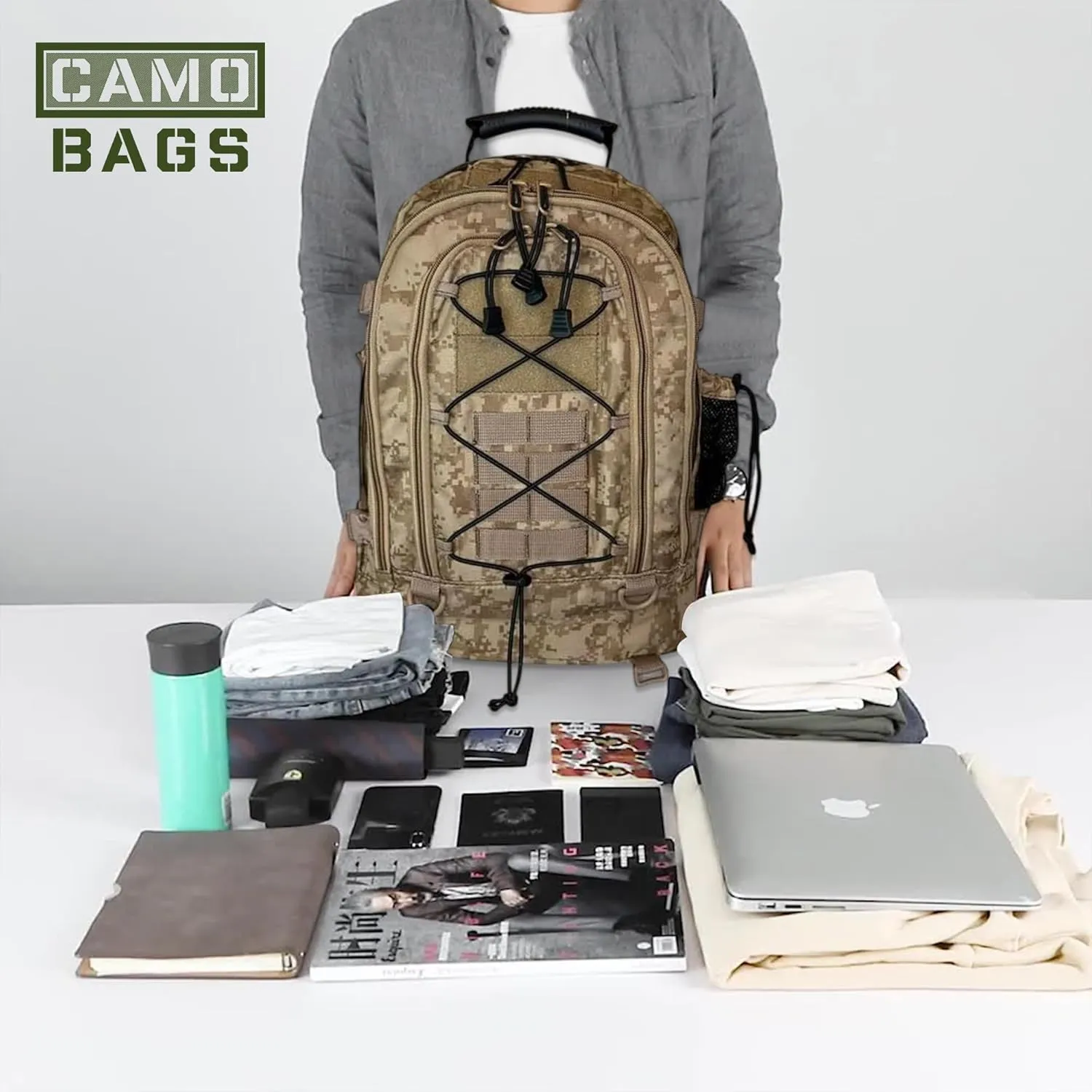 Camo Expandable Travel Backpack - 1000 Denier Cordura Polyester, Large Capacity Zipper Backpack with Multi Compartments - Lightweight & Comfortable Padded Straps - Ideal for Hiking, Camping & Outdoor