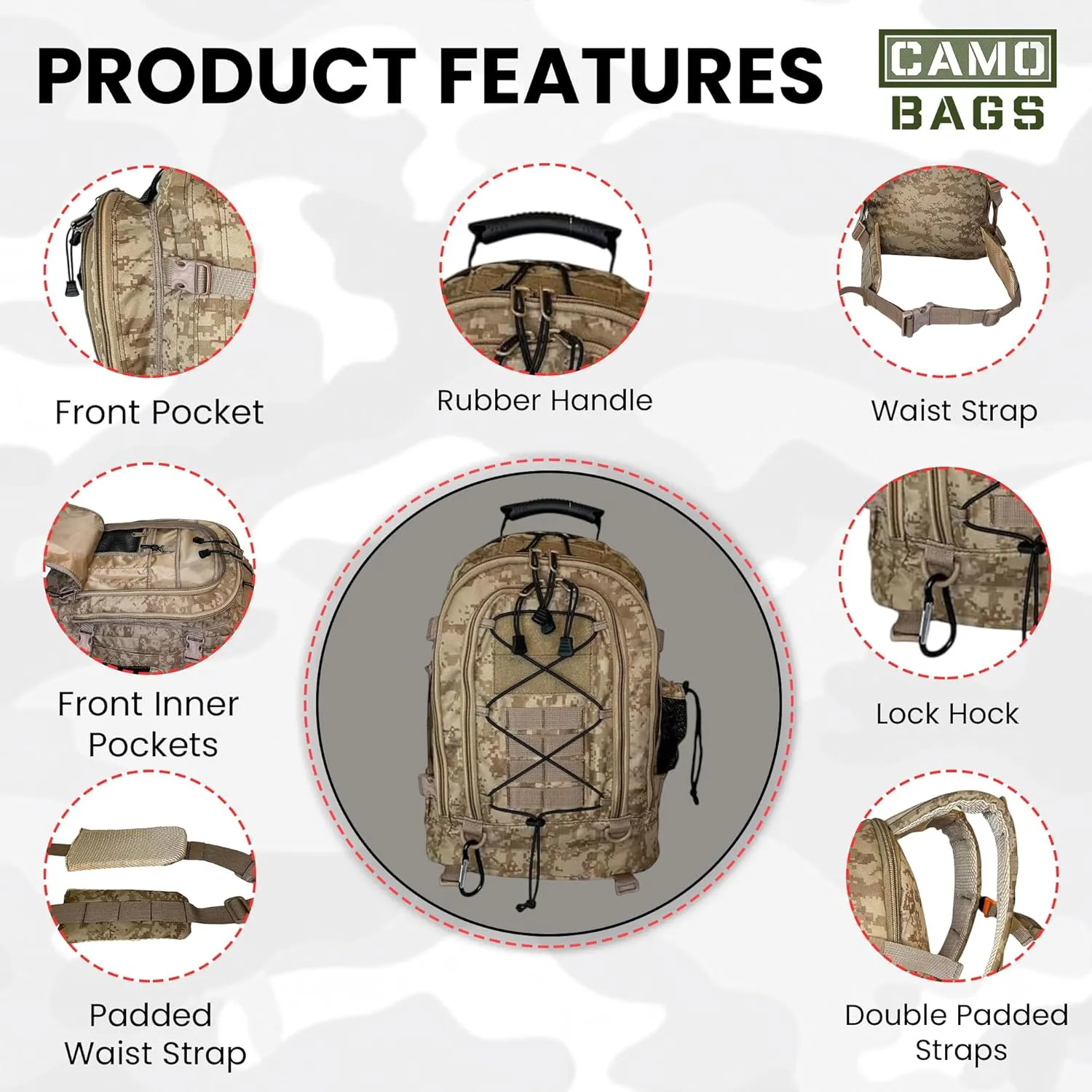 Camo Expandable Travel Backpack - 1000 Denier Cordura Polyester, Large Capacity Zipper Backpack with Multi Compartments - Lightweight & Comfortable Padded Straps - Ideal for Hiking, Camping & Outdoor