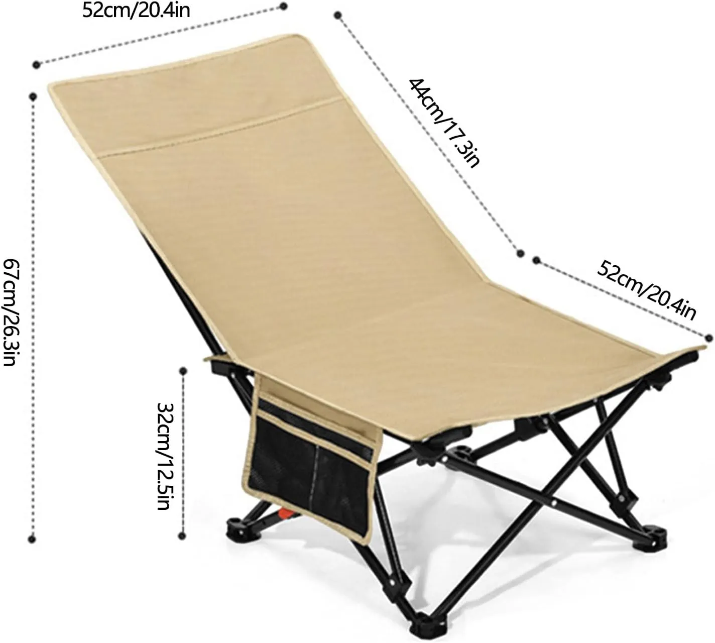 Camping Chair, Folding Beach Chair, 600D Oxford Foldable Chaise Lounge Chair with Side Pocket, Low Profile Folding Chair for Camping, Beach (Khaki)