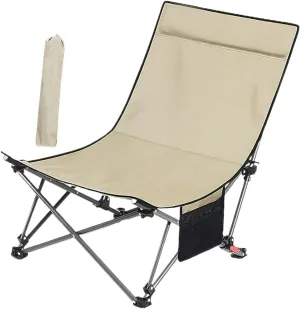 Camping Chair Folding Chair Adjustable with Padded Headrest Compact Lounge Chair Beach Chair for Travel Outside Lawn Concert, Khaki