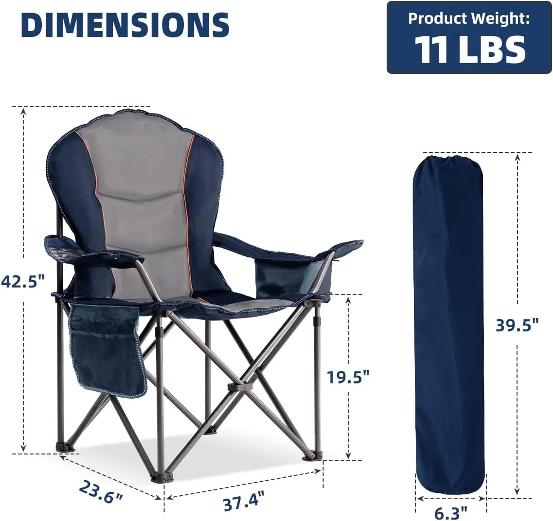 Camping Chair Oversized Folding Outdoor Camping Chair with Cooler Bag, Cup Holder & Waterproof Phone Case, Portable for Hiking/Beach,500LB (Blue & Light Gray)