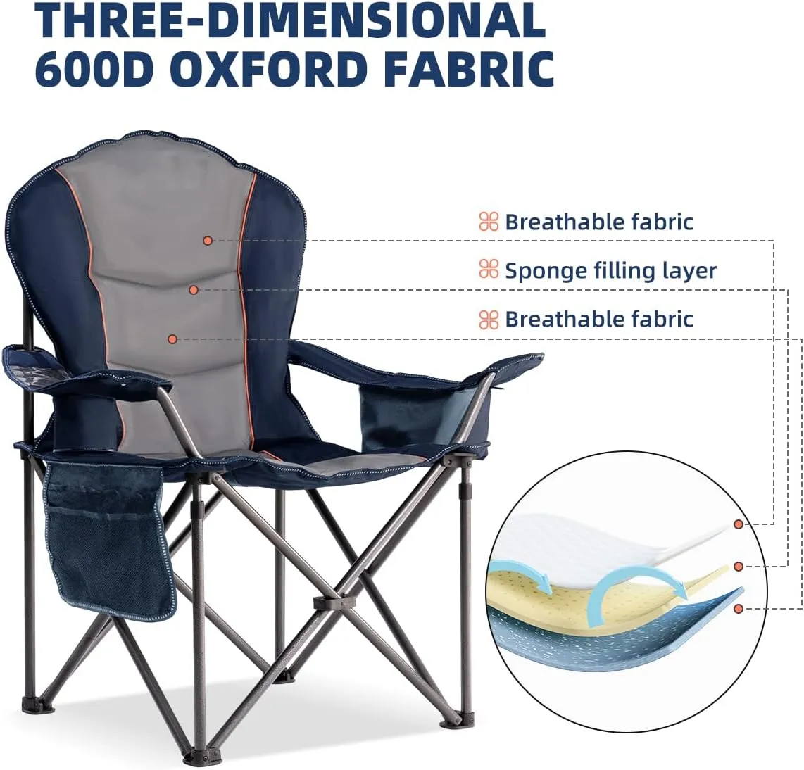 Camping Chair Oversized Folding Outdoor Camping Chair with Cooler Bag, Cup Holder & Waterproof Phone Case, Portable for Hiking/Beach,500LB (Blue & Light Gray)