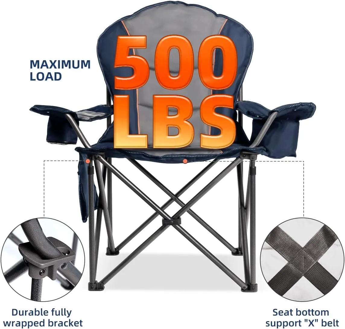 Camping Chair Oversized Folding Outdoor Camping Chair with Cooler Bag, Cup Holder & Waterproof Phone Case, Portable for Hiking/Beach,500LB (Blue & Light Gray)