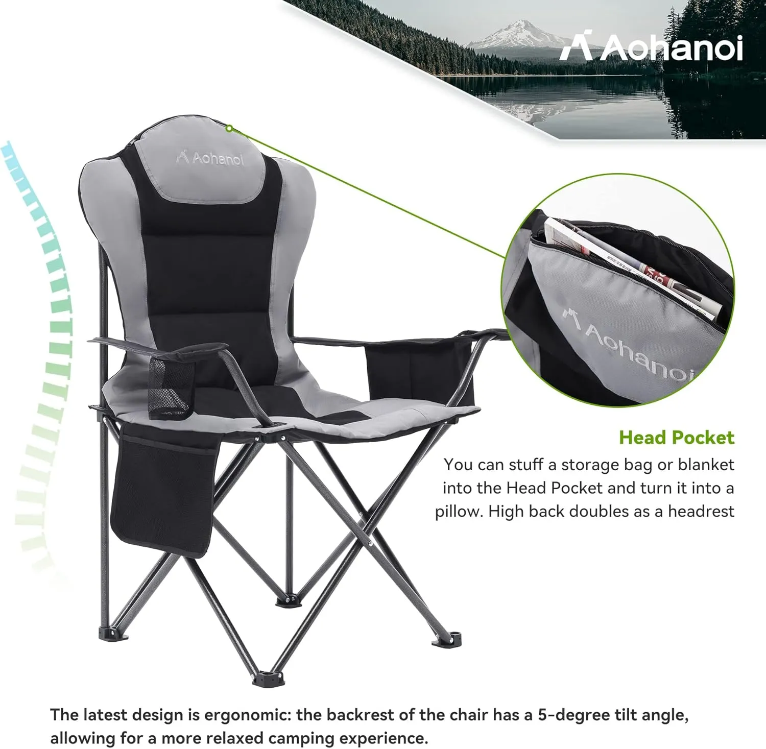 Camping Chairs for Heavy People, Folding Chairs for Outside Outdoor Folding Chairs with Cup Holder & Cooler Bag, Camp Chairs Supports up to 300lbs(1 PC, Black)