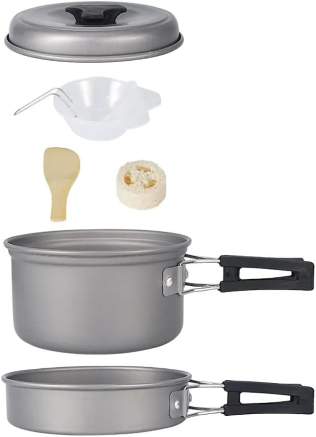 Camping Cookware 7 Piece Outdoor Mess Kit Backpacking, Trailblazing Add on, Compact Lightweight and Durable with Chef Pots, Bowls, Utensils and Mesh Carry Bag Included