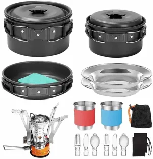 Camping Cookware Kit Non-Stick Lightweight Pot Pan Kettle Set with Stainless Steel Cups Plates for Outdoor Cooking