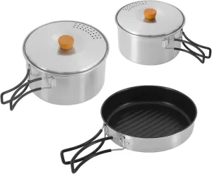 Camping Cookware Mess Kit, 7/6.9/6.3 Inch Lightweight Pot Pan Overlapped Stainless Steel Campfire Cooking Pots and Pans with Travel Tote Bag for Home RV Boat Camping Hiking and Picnic