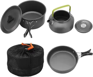 Camping Cookware Mess Kit, Outdoor Teapot Cooker Set for 2 to 3 People