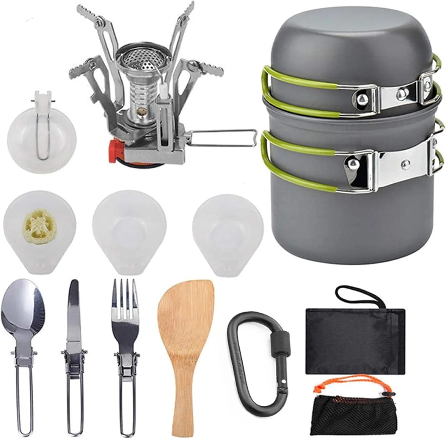 Camping Cookware Mess Kit, with Lightweight Pot, Stove, Spork and Carry Mesh Bag, Outdoor Picnic Cookware Kit, for Camping, Backpacking, Outdoor Cooking, 16 Pieces