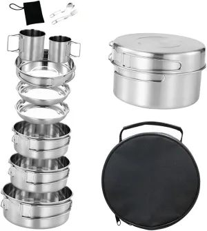 Camping Cookware Set Cooking Equipment Utensils Stainless Steel Camping Plates and Bowls Outdoor Cooking Kit for Travel Rvs