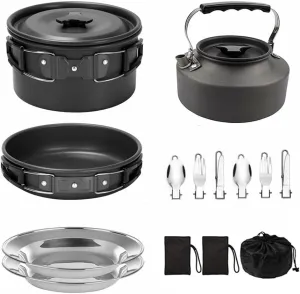 Camping Cookware Set Non-Stick Lightweight Pot Pan Kettle Set with Stainless Steel Plates and Utensils for Outdoors Cooking Camping Hiking Picnic Backpacking,Cookware Mess Kit, Black