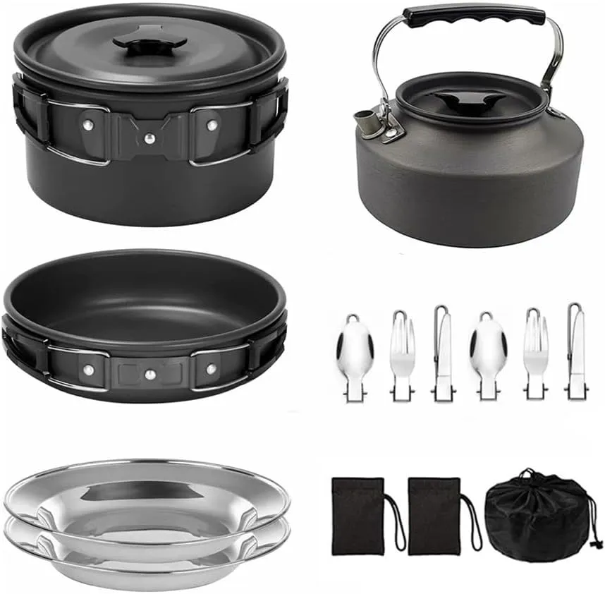 Camping Cookware Set Non-Stick Lightweight Pot Pan Kettle Set with Stainless Steel Plates and Utensils for Outdoors Cooking Camping Hiking Picnic Backpacking,Cookware Mess Kit, Black