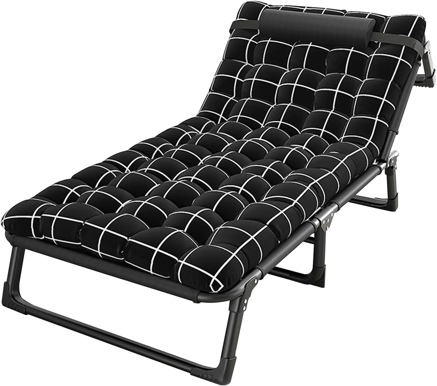 Camping Cot, Adjustable 4-Position Adults Reclining Folding Chaise with Pillow, Outdoor Lounge Chair Sleeping Cot Bed, Perfect for Office, Pool, Beach Patio Black
