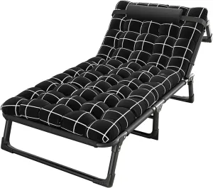 Camping Cot, Adjustable 4-Position Adults Reclining Folding Chaise with Pillow, Outdoor Lounge Chair Sleeping Cot Bed, Perfect for Office, Pool, Beach Patio Black