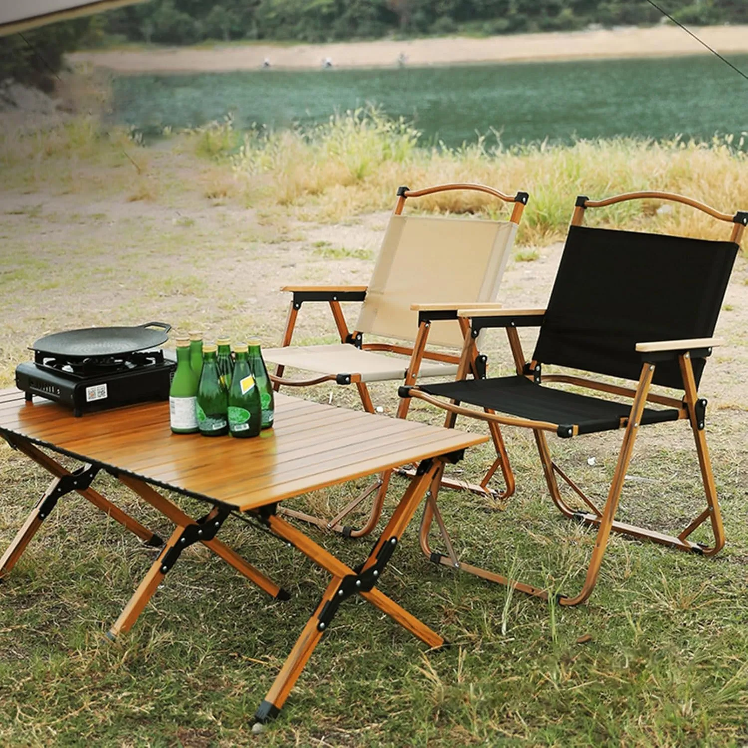 Camping Directors Chair, Heavy Duty Oversized Portable Folding Chair with Wooden Armrests for Beach, Fishing,Trip,Picnic,Lawn,Concert Outdoor Foldable Camp Chairs, 51x41x61cm, Black