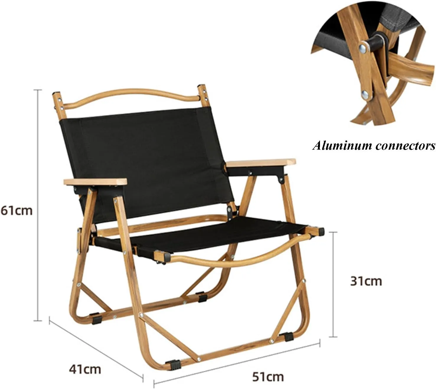 Camping Directors Chair, Heavy Duty Oversized Portable Folding Chair with Wooden Armrests for Beach, Fishing,Trip,Picnic,Lawn,Concert Outdoor Foldable Camp Chairs, 51x41x61cm, Black